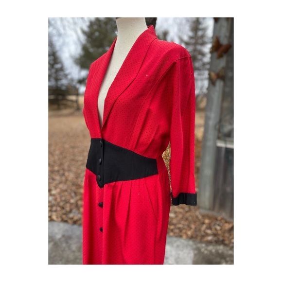 Vtg 80s Batwing A Line Dress Red Black Polkadot - Picture 3 of 16